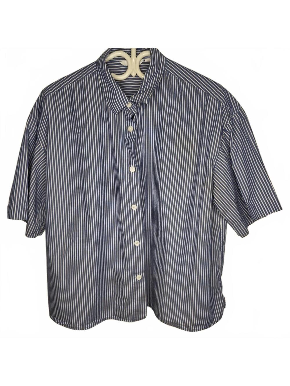 Uniglo Women's Boxy Short Sleeve Cotton Blue and White Striped Summer Shirt Lg